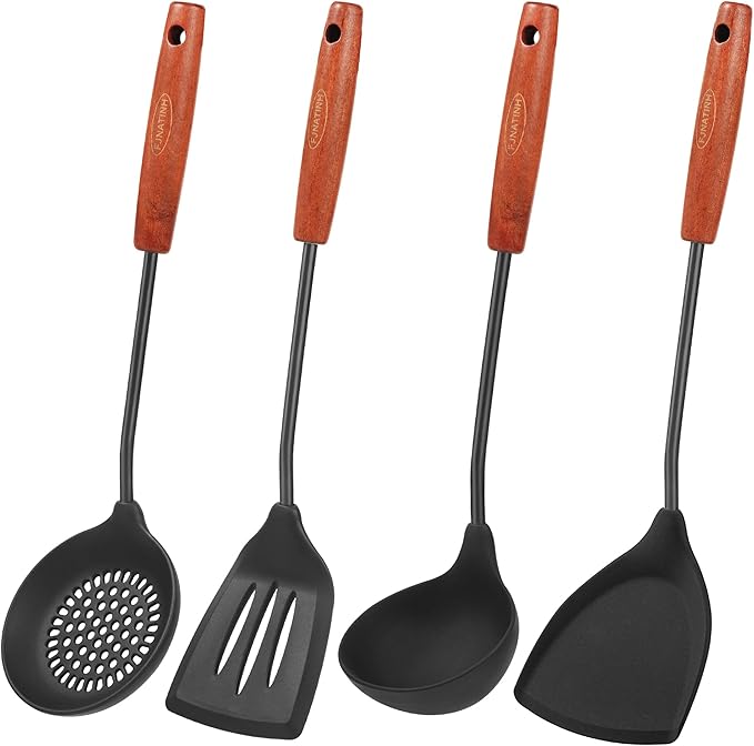 FJNATINH Silicone Wok Spatula,Turner,Ladle,Skimmer Set,Wok Tools, Wok Utensil,Non Stick Heat-Resistant Stainless Steel Cooking Utensils BPA Free Kitchen Utensils Cookware, Pack of 4,Black