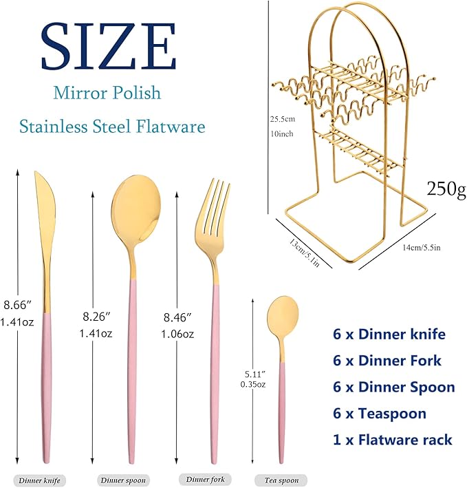 Pink Gold 24Pcs Flatware Set With Stand, Lightweight Dinnerware Set Stainless Steel Cutlery With Pink handles For Home Kitchen Wedding Party And Daily Use,Service For 6, Mirror Polish
