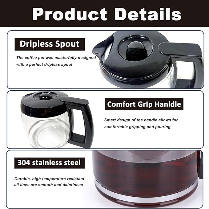 14-Cup Coffee Pot Replacement Carafe Glass Compatible with Cuisinart Coffee Maker Models DCC-2200, DCC-2600, DCC-2800, DCC-3200, DCC-3200P1, DCC-T20, Black