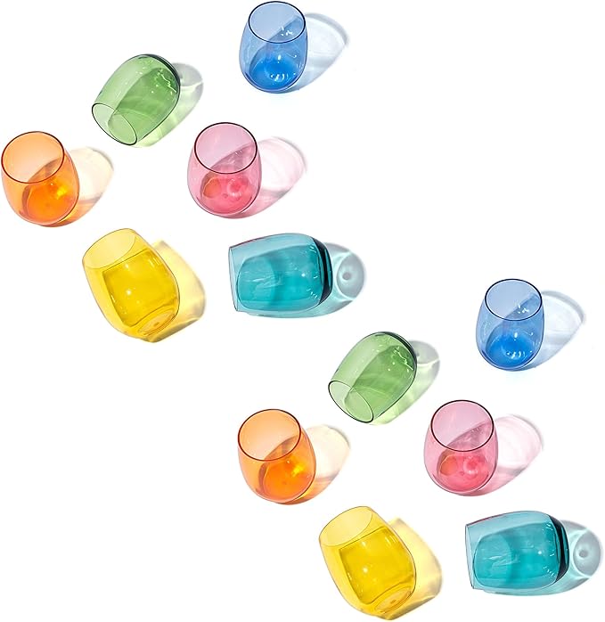 KX-WARE Unbreakable 18-ounce Acrylic Stemless Wine Glasses All Purpose Plastic Tumbler, set of 12 Multicolor Dishwasher Safe BPA Free Classic Style