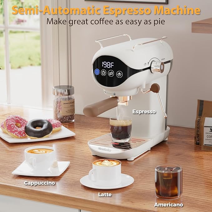 Espresso Machine with Steam Milk Frother Semi Automatic 20 Bar Compact White with Touch Screen for home Cafetera Espresso, Latte, Cappuccino, Americano, Macchiato
