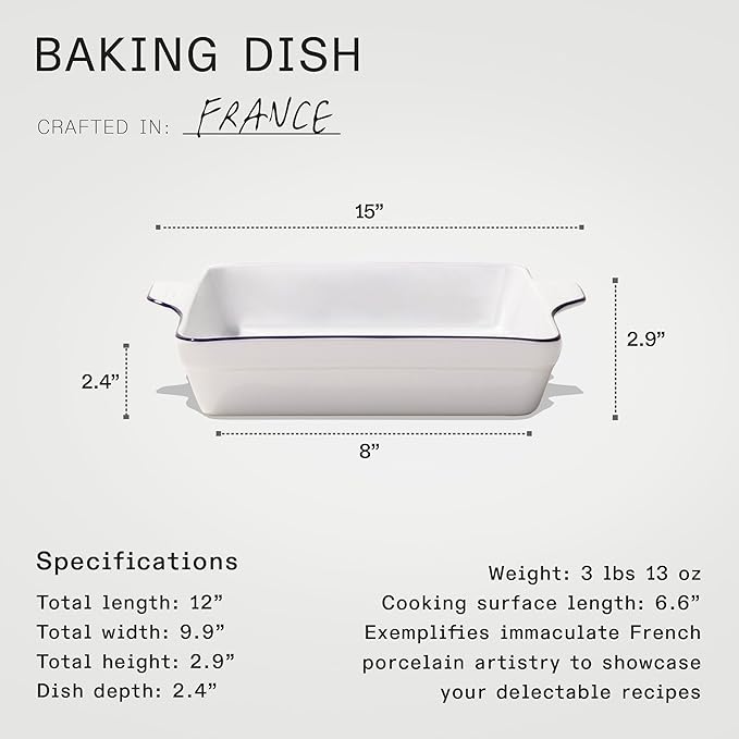 Made In Cookware - Square Baking Dish - Navy Rim - Hand Crafted Porcelain - Professional Bakeware - Made in France