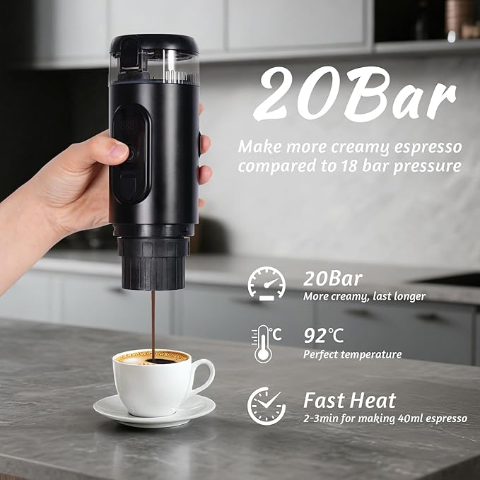 Portable Espresso Machine, Electric Travel Coffee maker with Self-Heating & USB-C, 20Bar High Pressure, Compatible with Coffee Capsules & Grounds（NS&DG） for Camping, RV, Office, Car