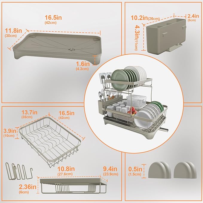 Dish Drying Rack for Kitchen Counter,Two-Tier Dish Rack with Utensil Holder, Auto-Draining Dish Racks, Large Capacity Dish Drainer Organizer for Plates, Bowls, Cups with Drainboard Grey