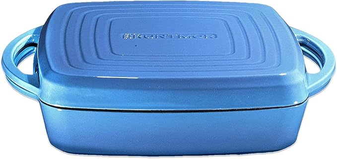 Bruntmor 2-in-1 Square Dutch Oven Casserole Dish with Lid, Dual Handles and Grill Pan for Baking, Braising and Grilling - Durable All-in-One Enameled Cast Iron Cookware Set for Kitchen, Whale Blue
