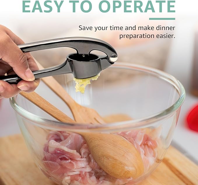 GD Black Garlic Press Crusher Mincer Tool - Stainless Steel Garlic Press, Dishwasher Safe & Rust Proof, Easy-Squeeze Garlic Crusher with Ergonomic Handle - Includes Silicone Peeler & Brush (Black)