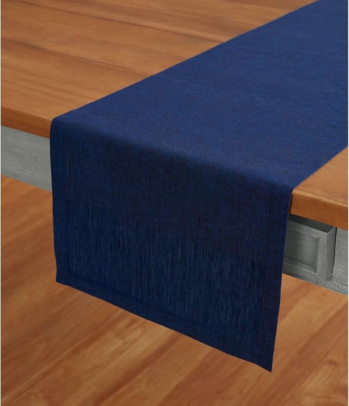 Solino Home Linen Short Table Runner 48 Inches - Athena, 100% Pure Linen Royal Blue Table Runner 14 x 48 Inch Ideal for Dresser and Coffee Tables - Summer