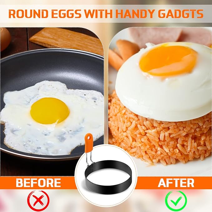 Patelai 4 Pcs Professional Egg Ring Pancake Ring Set Stainless Steel Fried Egg Griddle Pancake Shapers with Orange Silicone Handle for Breakfast Omelette Sandwich (4 Inch)