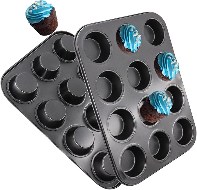 2 Packs Nonstick Round Muffin Baking Pan, Premium Steel Muffin Pan for Baking, Nonstick Cupcake Tin Cheesecake Pans, Bakeware Muffin Top Pan (12 Cups, Black)