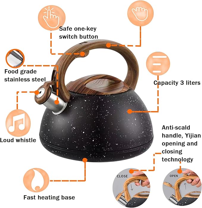3.1QT/3L Whistling Tea Kettle for Stove Tops,Tea Kettle for Stovetop,Stainless Steel Tea Pot with Anti-Heat Handle and Simple Touch Button to Control Kettle Outlet