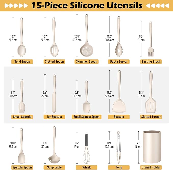 15-Piece Kitchen Cooking Utensils Set with Holder, Homikit Heat Resistant Food Grade Silicone Kitchen Utensils include Slotted Spatula Ladle Turner for Nonstick Cookware, Dishwasher Safe- Khaki