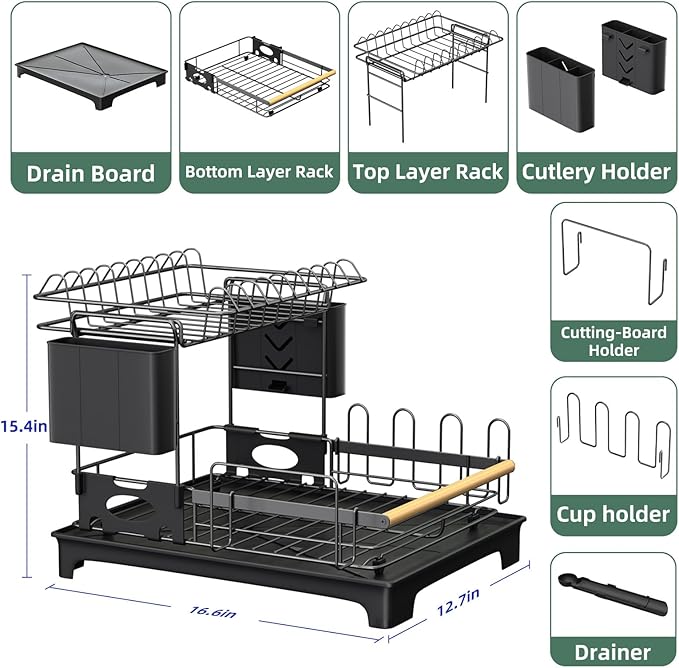 2 Tier Dish Drying Rack, Drying Rack with Automatic Drainboard, Dish Racks for Kitchen Counter, Rustproof Dish Drainer with Removable Utensil Holder, Cups Holder,Black
