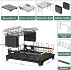 2 Tier Dish Drying Rack, Drying Rack with Automatic Drainboard, Dish Racks for Kitchen Counter, Rustproof Dish Drainer with Removable Utensil Holder, Cups Holder,Black