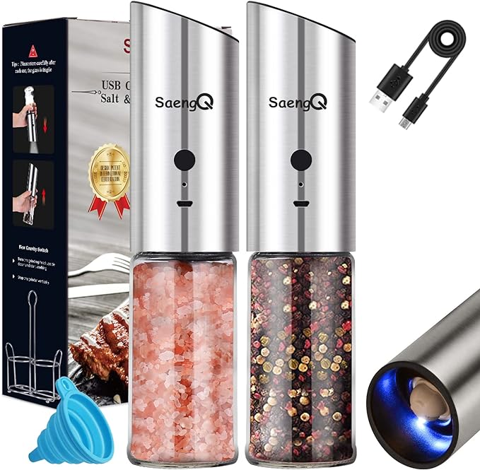 Gravity Electric Salt and Pepper Grinder Set of 2,USB Rechargeable Kitchen Electric Pepper Mill with Adjustable Grinder and LED Light,Tall Glass Salt and Pepper Grinders Refillable