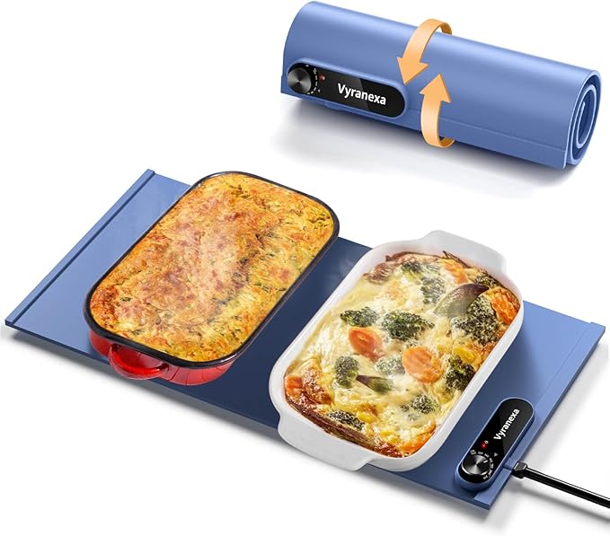 Warming Mat for Food - Space-Saving, Fits Two Baking Dishes, 7 Temp Settings, 4h Auto Shut-Off, Durable Silicone Surface, Easy to Clean, Perfect for Parties and Everyday Use (Blue, Medium)