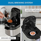 Koolatron Kenmore Single Serve Coffee Maker & Stainless Steel Travel Mug, Capsule/Pod & Ground Coffee Brewing, K Cup Compatible, Hot & Iced Coffee Machine, 6 to 14 Oz Brew Sizes, Auto Shut-Off, Black