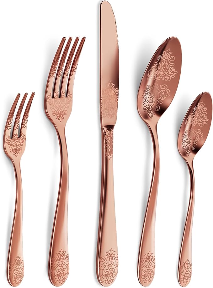 20-Piece Stainless Steel Silverware Set, Elegant Floral Engraved Cutlery Flatware Set for 4, Durable Tableware Utensil Sets for Formal Dining Include Fork Spoon Knife with Mirror Polish
