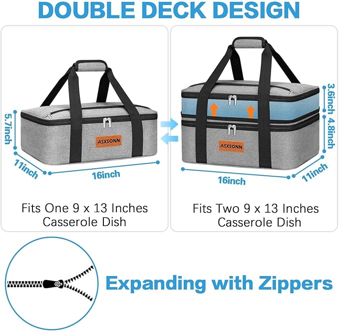 Double Decker Insulated Casserole Carrier for Hot or Cold Food, Expandable Insulated Food Carrier for Parties, Picnic, Beach, Fits 9"x13" Baking Dish (Grey)