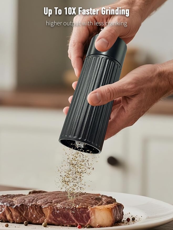 Pepper Grinder Mill, Professional Grade Manual Pepper Grinder, High Output Heavy Duty Pepper Mill Grinder, Refillable, Aluminum Matte Black, Stainless Steel Burrs, Adjustable Coarseness Grind Settings