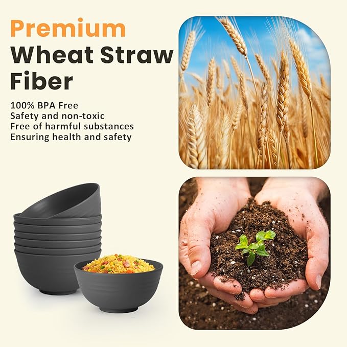 Hoimenly Wheat Straw Bowls for Kitchen, Unbreakable Cereal Bowl Set of 8, 26oz Microwave and Dishwasher Safe Bowls Set for Party, Camping, Alternatives to Plastic Bowl, Stackable Soup Bowls(Dark Grey)