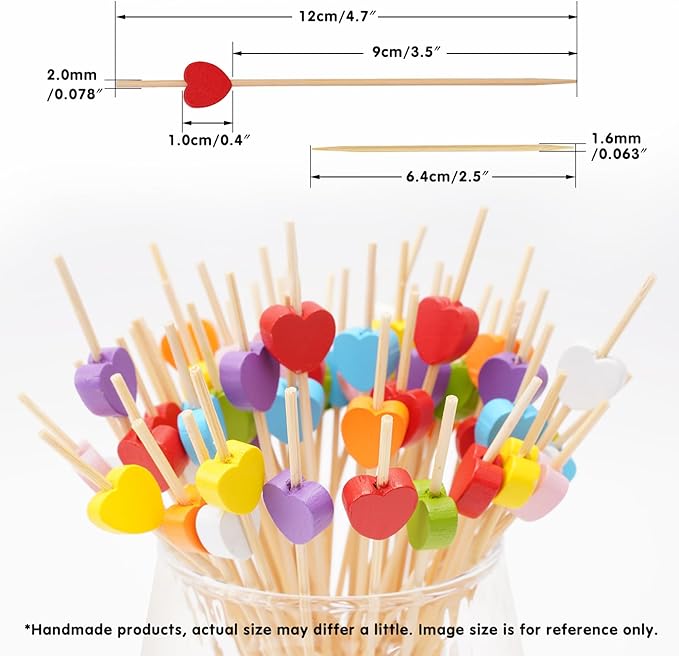 Minisland Multicolor Love Heart Cocktail Picks, 4.7 Inch Long Bamboo Fancy Toothpicks for Appetizers, Bridal Shower Wedding Valentines Party Food Drinks Garnish Fruit Skewer Sticks 100 Counts -MSL445