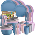 Pastel Plastic Dinnerware Set – 40-Piece Reusable Plates and Bowls Set for 8, Unbreakable Dishes with Cups, Knives, Forks, Spoons for Camping, Picnic, Kids, and Everyday Use