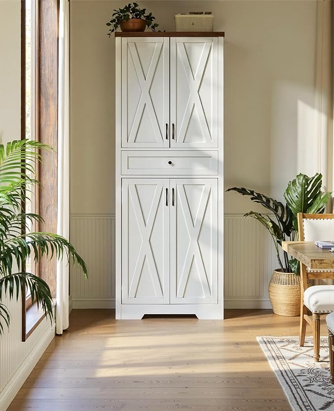 68'' Farmhouse Kitchen Pantry Cabinet with Adjustable Shelves, Tall Storage Cabinet with Barn Doors, Freestanding Versatile Cupboard for Dining Room, White+Walnut