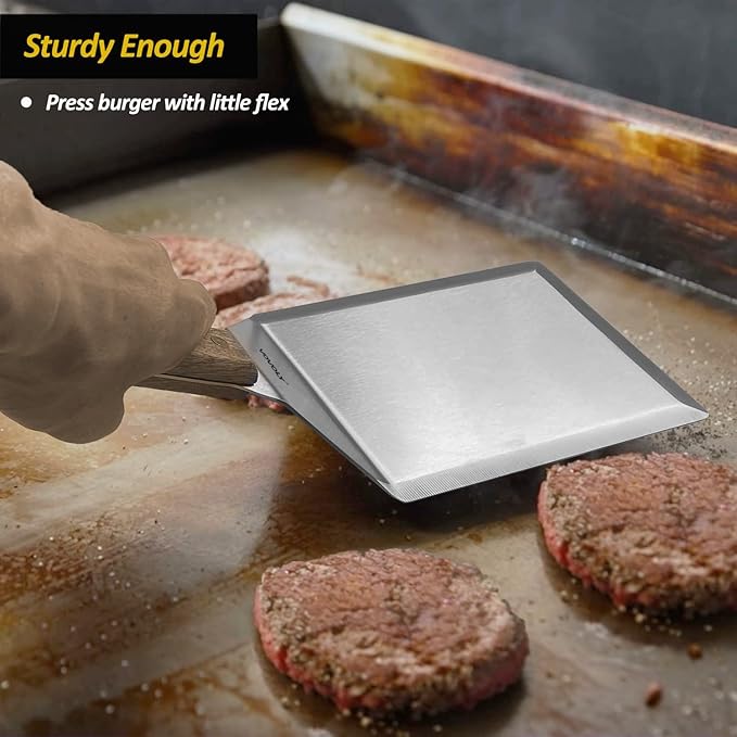 Extra Wide Spatula, Large Metal Spatula with Full Tang Wooden Handle & Beveled Edges for Skillets, Griddles & Grills, Pancake Flipper Turner, Smash Burgers Turner, 6 x 5-inches