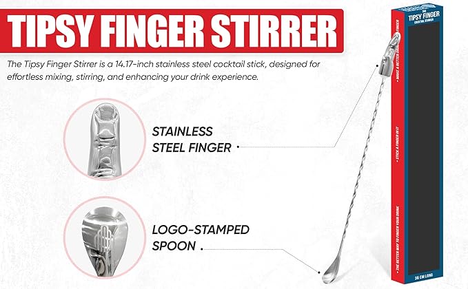 National Finger Company, Finger Cocktail Stirrer, Tipsy Finger, 36 cm, Stainless Steel Life-Size Finger Spoon, Funny Bar Spoon, Novelty Cocktail Stirrer, Gag Gift, Quirky Bar Tool