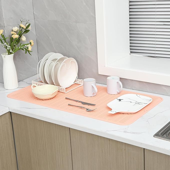 Silicone Dish Drying Mat for Multiple Usage,Easy clean,Eco-friendly,Heat-resistant Silicone Mat for Kitchen Counter or Sink,Refrigerator or Drawer Liner Pink 5XL 36inches x 18inches