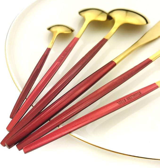 24Pcs Gold Mirror Silverware Flatware With Red Handle, 18/0 Stainless Steel Cutlery Set Utensils Kitchen Dinnerware Include Knife Fork Spoon and Teaspoon, Service for 4
