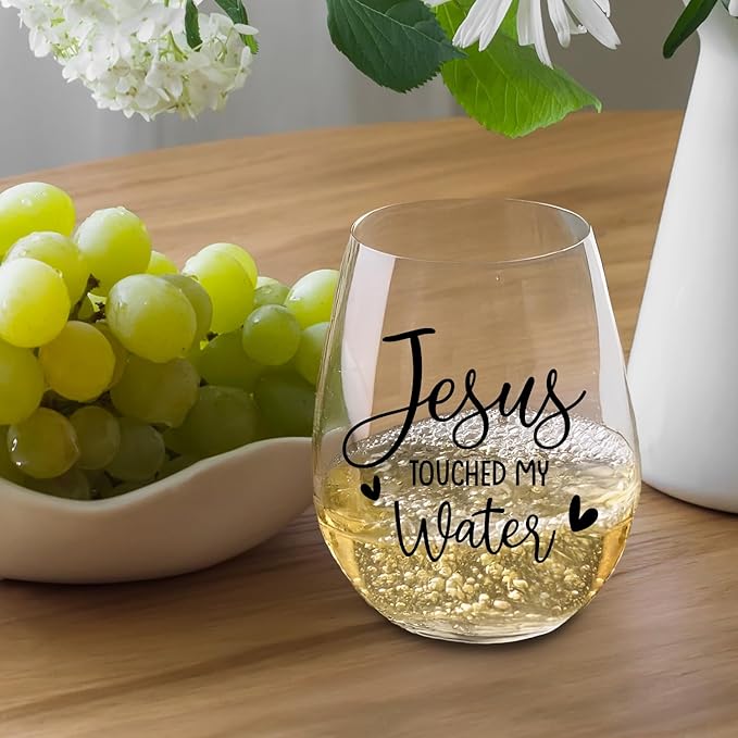 Jesus Touched My Water Wine Glasses, Funny Christian Gift for Women Gifts for Birthday Mom Father's Day Friendship Gifts (Clear-JESUS)