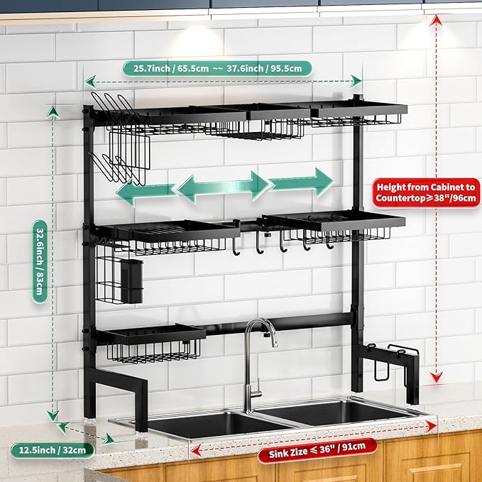 Over The Sink Dish Drying Rack,Expandable Length 3-Tier Large Stainless Steel Over The Sink Dish Rack with 6 Baskets, Utensil Holder Dish Drainers for Kitchen Counter