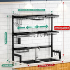Over The Sink Dish Drying Rack,Expandable Length 3-Tier Large Stainless Steel Over The Sink Dish Rack with 6 Baskets, Utensil Holder Dish Drainers for Kitchen Counter