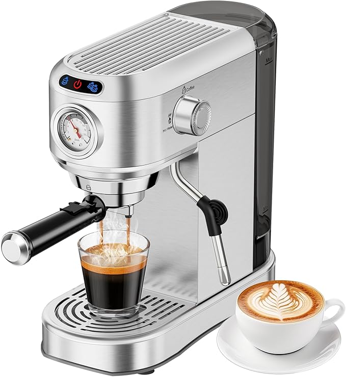 Espresso Machine 20 Bar, Compact Espresso Maker, Stainless Steel Expresso Coffee Machines with Steam Milk Frother & 34oz Removable Water Tank for Home Latte, Cappuccino, Silver