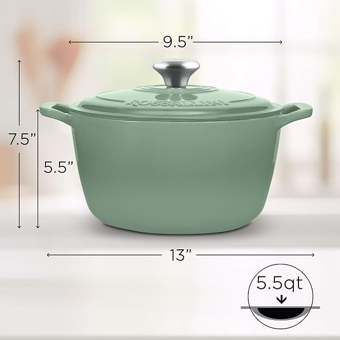 Signature Enameled Cast Iron Dutch Oven, Non-Stick Serving Pot with Tight Fitting Lid for Perfect Roasting, Baking, Sauteing, and Bread Making | 5.5Q (5.2L) - Sage