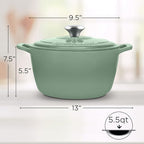 Signature Enameled Cast Iron Dutch Oven, Non-Stick Serving Pot with Tight Fitting Lid for Perfect Roasting, Baking, Sauteing, and Bread Making | 5.5Q (5.2L) - Sage