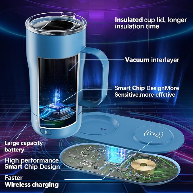 Smart Self Heating Coffee Mug 18 Oz Temperature Control Heated Coffee Mug App Controlled Warmer Mug 5-10 Hour LED Display Keep Coffee Hot All Day Fast Wireless Charger Base Lake Blue