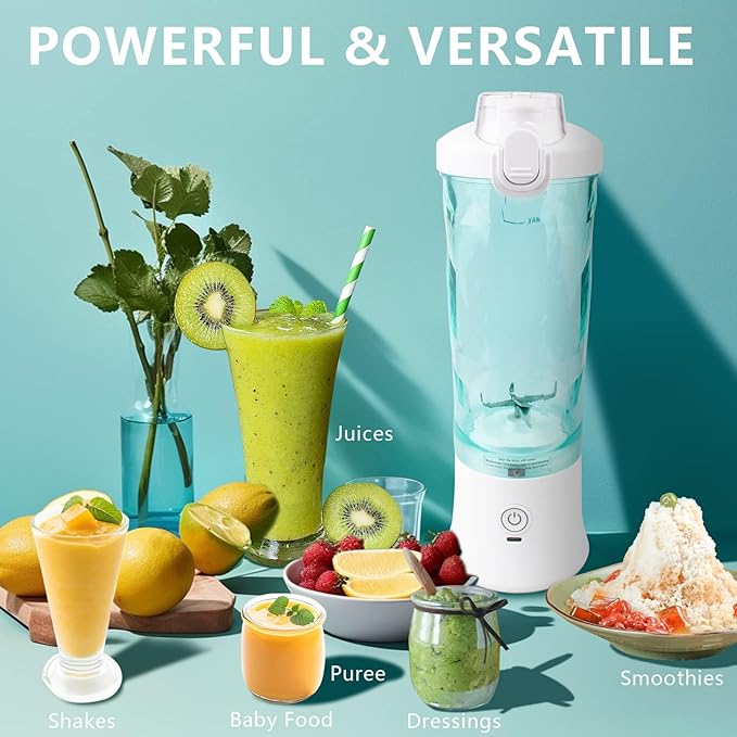 Smoothie Blender with 6 Sharp Blades, Rechargeable Personal Blender for Shakes and Smoothies with 600ML Travel Cup and Lid, for Kitchen, Hiking, Office, Gym