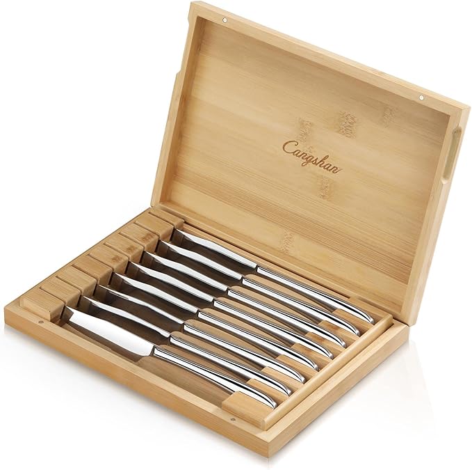 Cangshan 1027044 Rain II Series 8-Piece 420 Stainless Steel Forged Steak Knife Set in Bamboo Storage Chest
