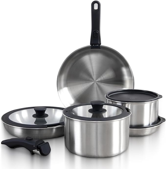 GOURMETIFIC® Stainless Steel Cookware Set [11 PIECES] - Non Toxic Kitchenware - Induction, Gas & Oven Cooking Ware - Pot & Pan with Removable Handles - Stackable Pots & Pans - Dishwasher Safe