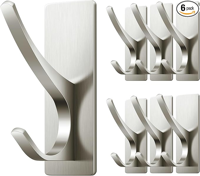 Self Adhesive Coat Hooks for Hanging: Heavy Duty Stainless Wall Hook for Towel, Backpack, Hat, Sturdy Metal Hanger for Bathroom, Bedroom, Door, Brushed Nickel, 6-Pack