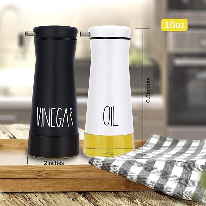 Aelga Black and White Oil And Vinegar Dispenser Set - 2 Pack Glass Oil Dispenser Bottle for Kitchen with No-Drip - Cute Farmhouse Kitchen Decor and Accessories for Home Restaurants
