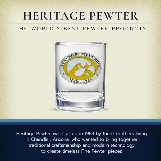 Heritage Pewter University of Iowa Collector's Double Old Fashion Glass | Double Rocks Drinkware 14 OZ | Expertly Crafted Pewter