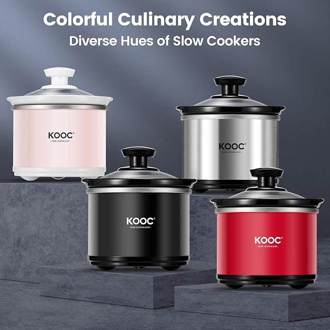 KOOC Small Slow Cooker, 0.65 Quart, Free Liners Included, Upgraded Ceramic Pot, Nutrient Loss Reduction, Sauces, Stews & Dips, Stainless Steel, Black, Round
