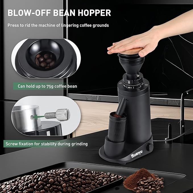Huanyu Professional Coffee Grinder Adjustable RPM, Time-Based Dosing, Stainless Steel Flat Burr with 8 Stepless Grinding Settings