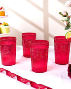 Ciaell 12 Pack Romantic Plastic Water Glasses - 14 Oz Red Vintage Drinking Glasses, Embossed Ribbed Plastic Cups, Textured Striped Set for Juice, Beverages, Beer, Cocktail, Christmas