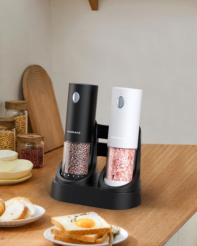 Electric Salt and Pepper Grinder Set - Automatic Refillable Salt and Pepper Grinders with Charging Base & LED Light, 6-Level Adjustable Coarseness with External Dial, Ideal Kitchen Gadget，Black& White