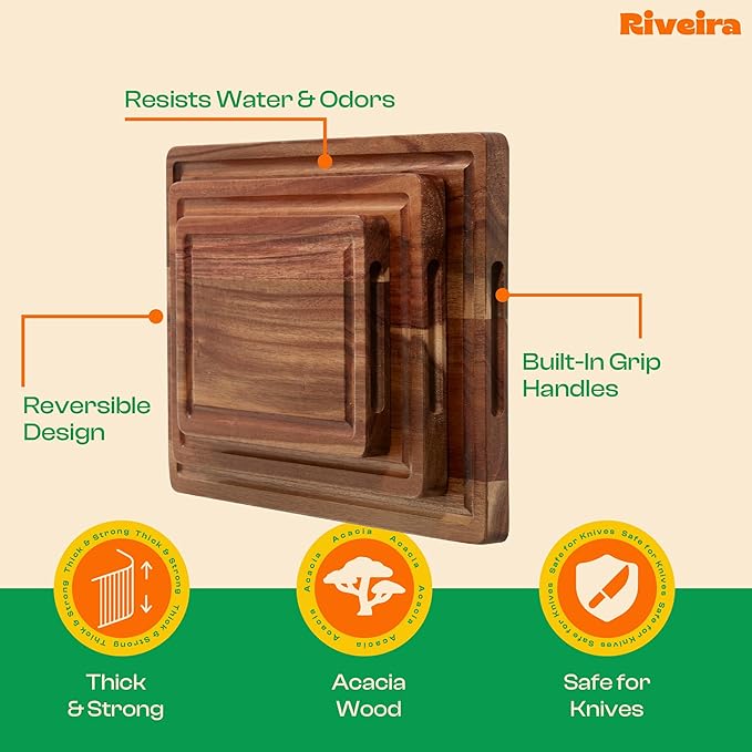 Riveira Acacia Wood Cutting Board – Gourmet Acacia Grandeur: 24 x 18 Wooden Cutting Board – Natural Wooden Cutting Boards For Kitchen Decorative – Innovative Juice Grooves Acacia Wooden Chopping Board