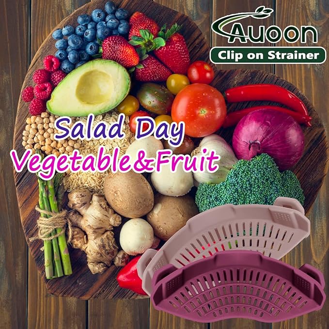 AUOON Silicone Clip on Strainer - Adjustable Strainers and Colanders for All Pots Pans and Bowls | Practical Kitchen Gadgets for Cooking and Draining (Cherry)